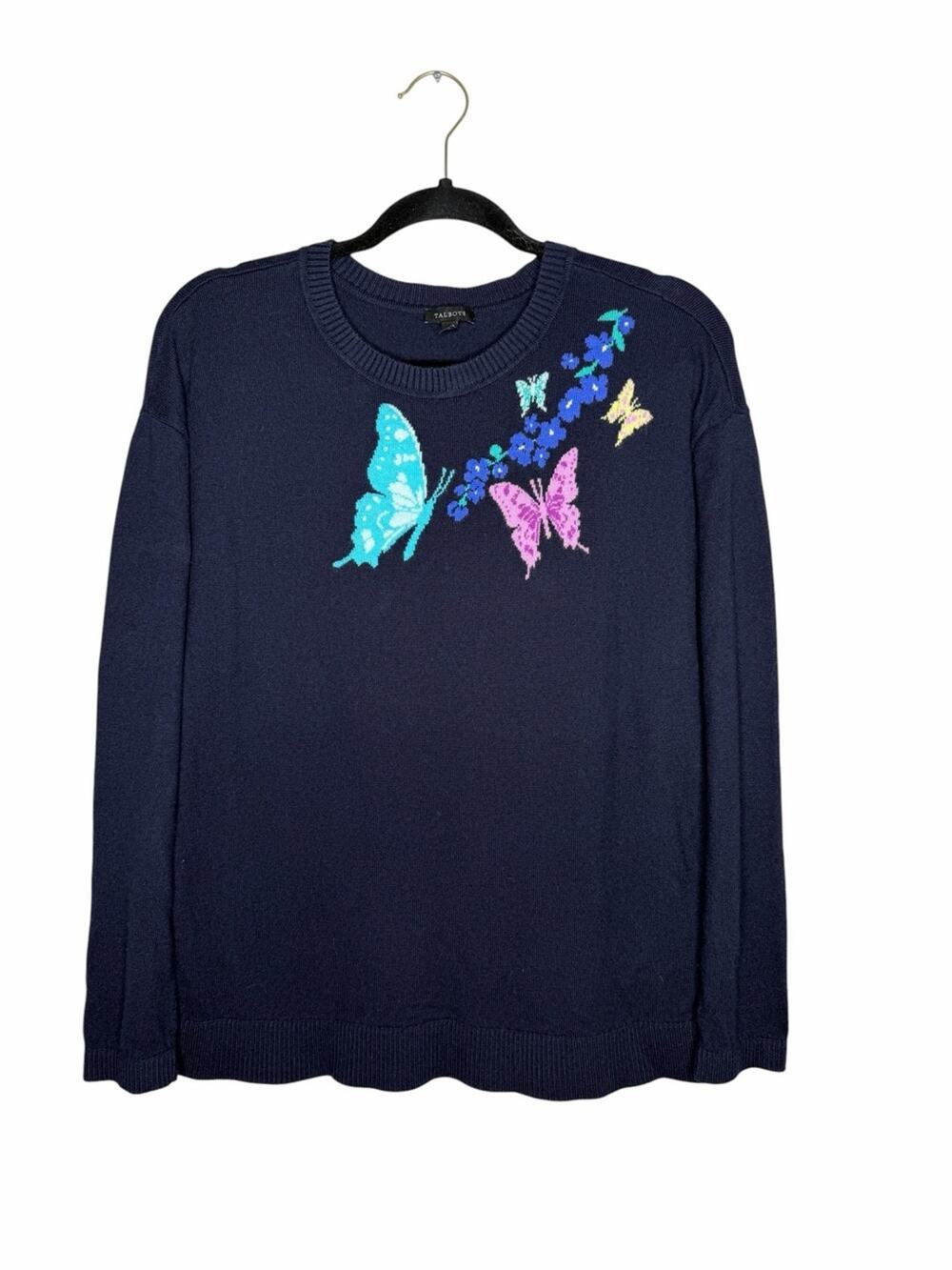 TALBOTS / navy blue butterfly cotton blend crewneck sweater / M